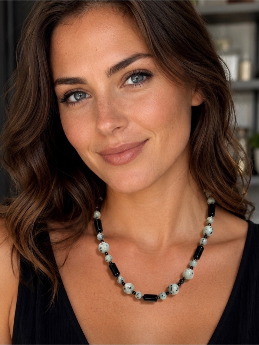 Unisex Kiwi Jasper, Black Onyx and Hematite necklace - Picture 3 of 5